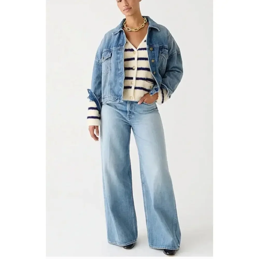 J. Crew Sweater Lady jacket in striped brushed yarn Ivory Blue Gold XS